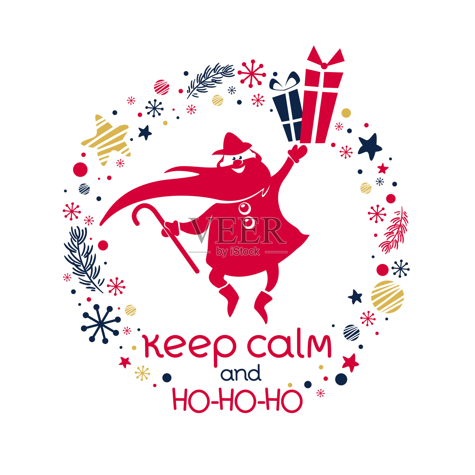 圣诞老人微笑跳跃并携带礼物，圣诞节涂鸦矢量素材插画图片素材