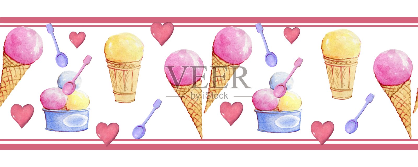 水彩插图。精致的甜点，冰淇淋。无缝边界模式插画图片素材