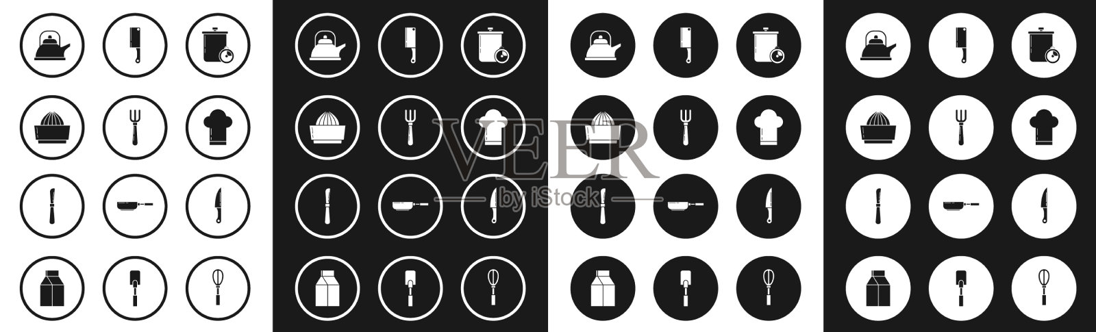 设置烹饪锅和厨房定时器叉子柑橘图标素材