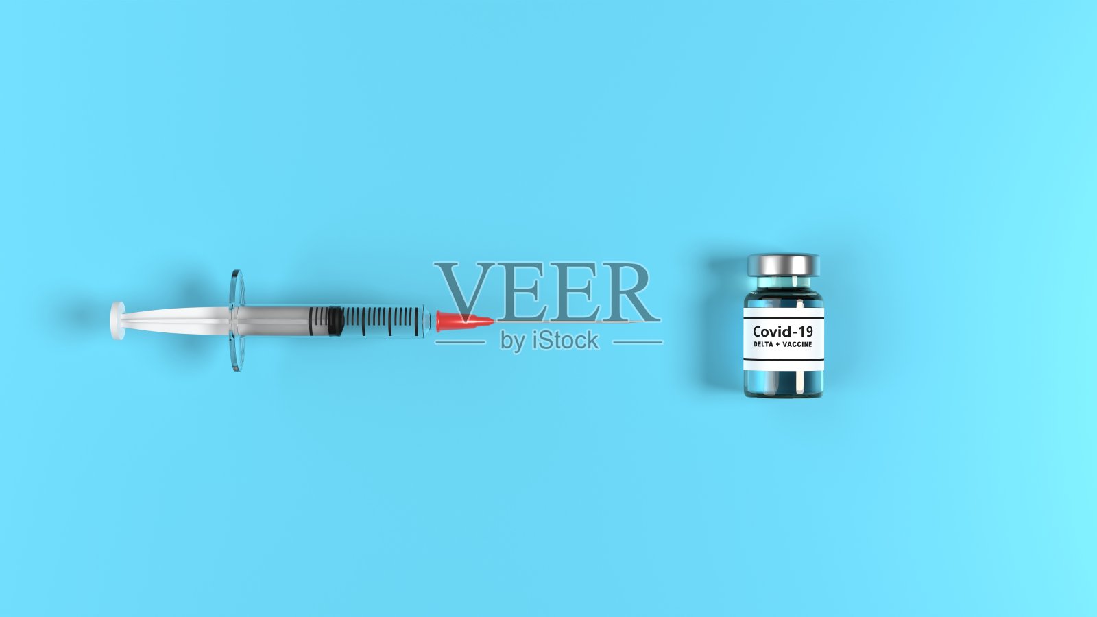 冠状病毒Covid-19三角洲变种疫苗和蓝色背景注射器照片摄影图片