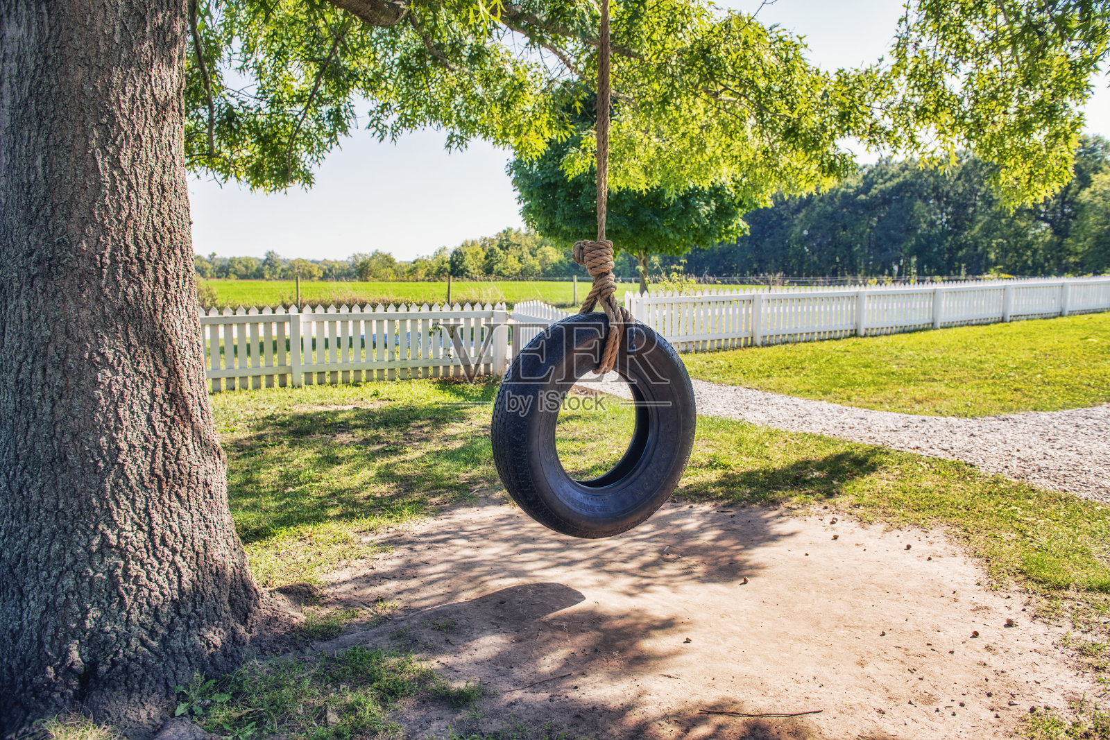 轮胎秋千和尖桩栅栏照片摄影图片