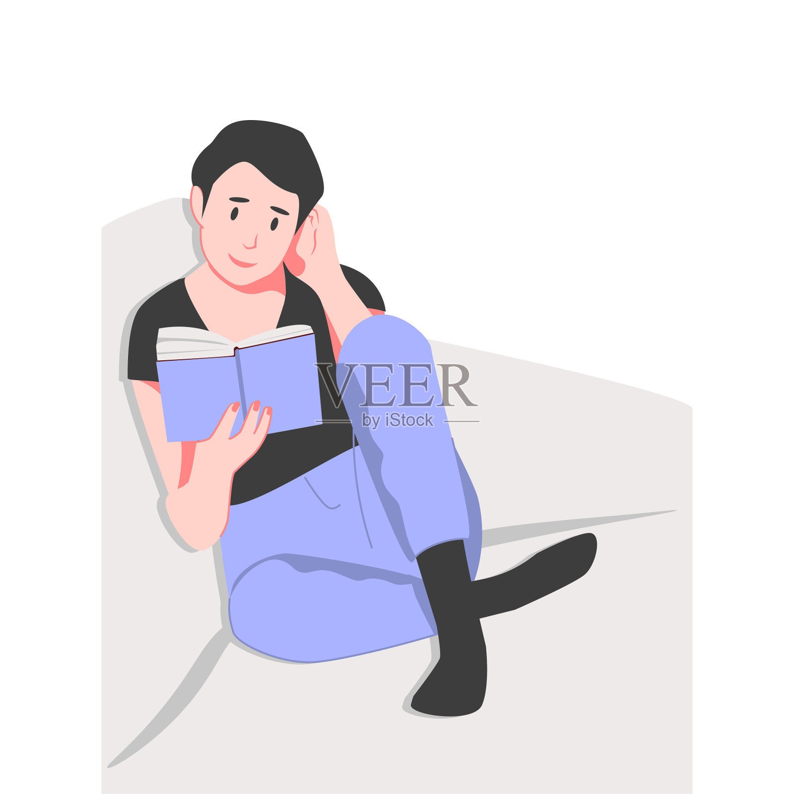 轻松的家庭女孩坐在舒适的悬挂椅上阅读书籍向量平面插图。妇女休息盖毯子包围枕头孤立。享受娱乐和自我时间的女性插画图片素材