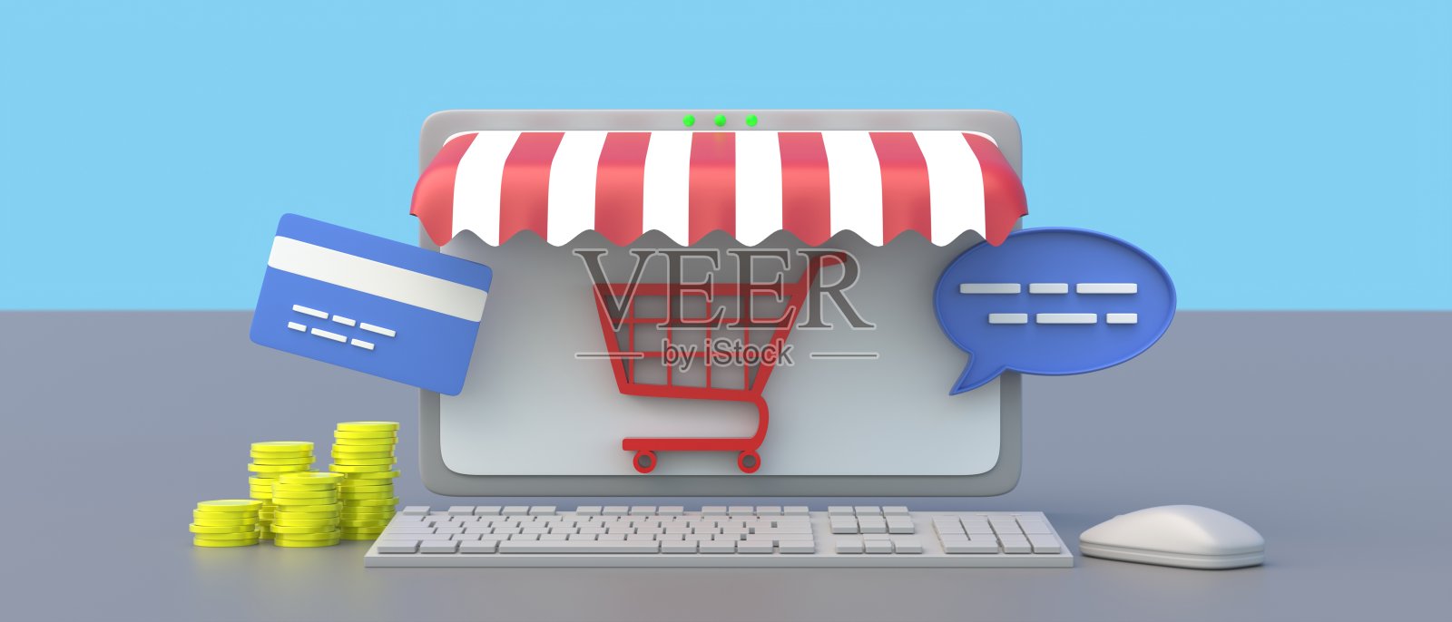 网上购物,电子商务。蓝色背景的电脑屏幕上的购物车。三维演示照片摄影图片