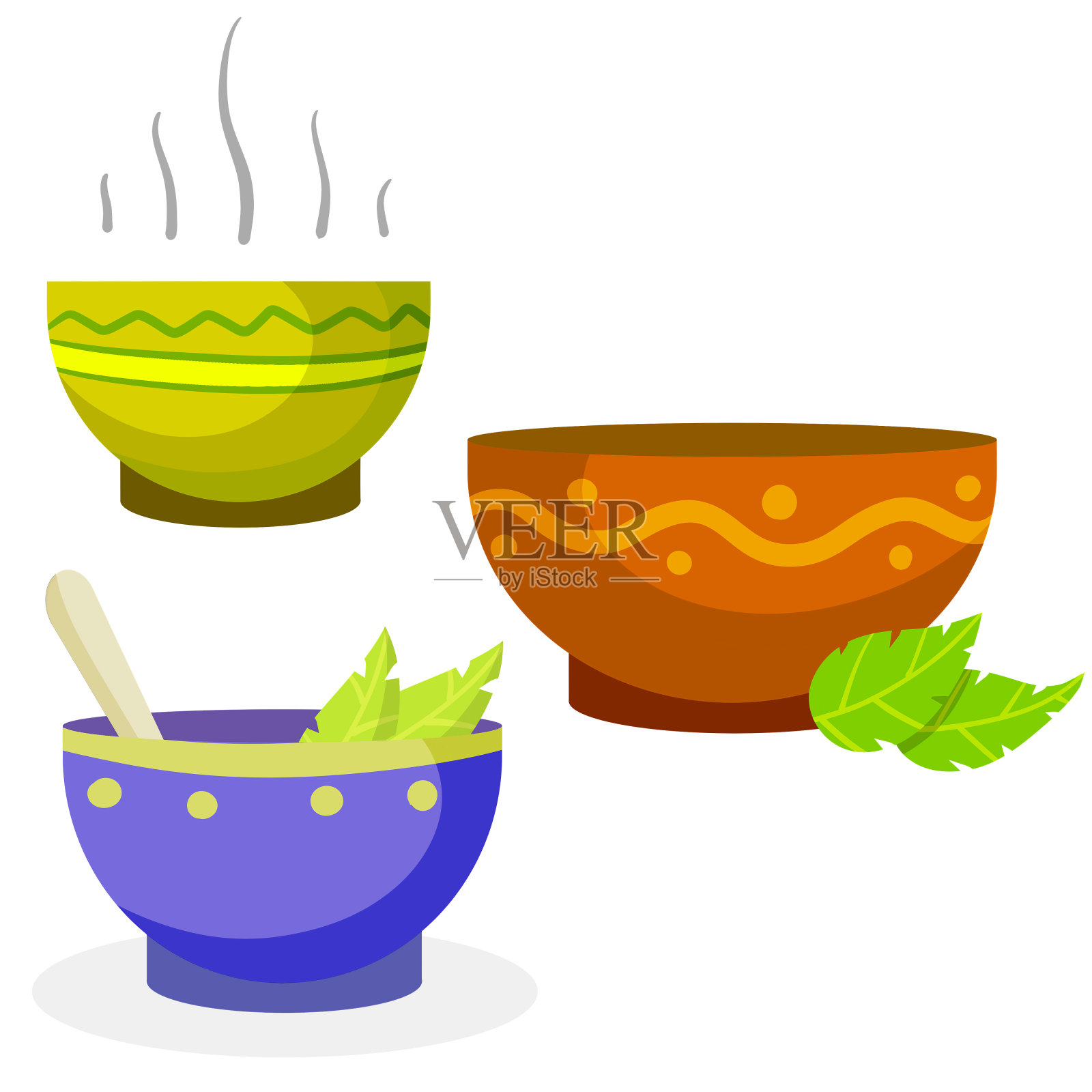 绿茶杯。一套棕色和蓝色的陶器。平的卡通插图插画图片素材