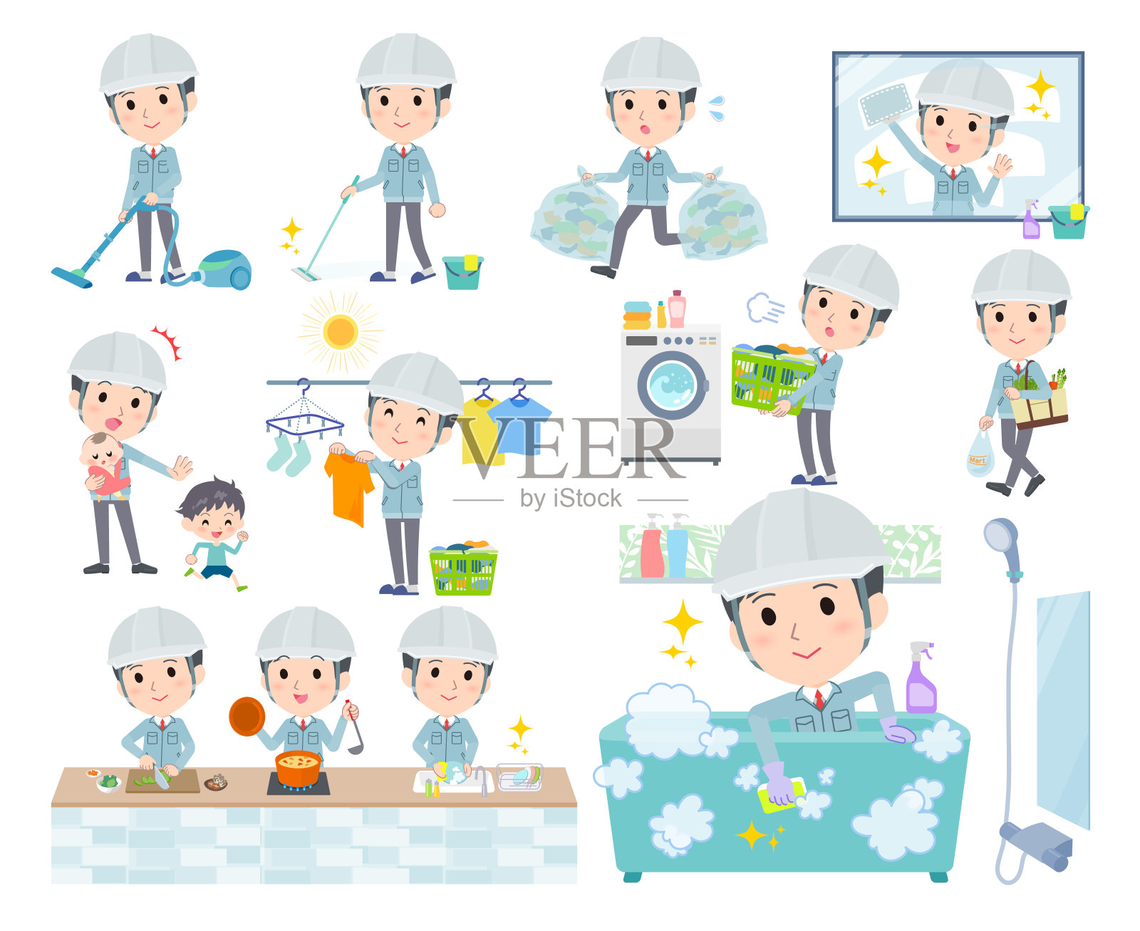与清洁和洗衣等内务工作有关的一组现场工头插画图片素材