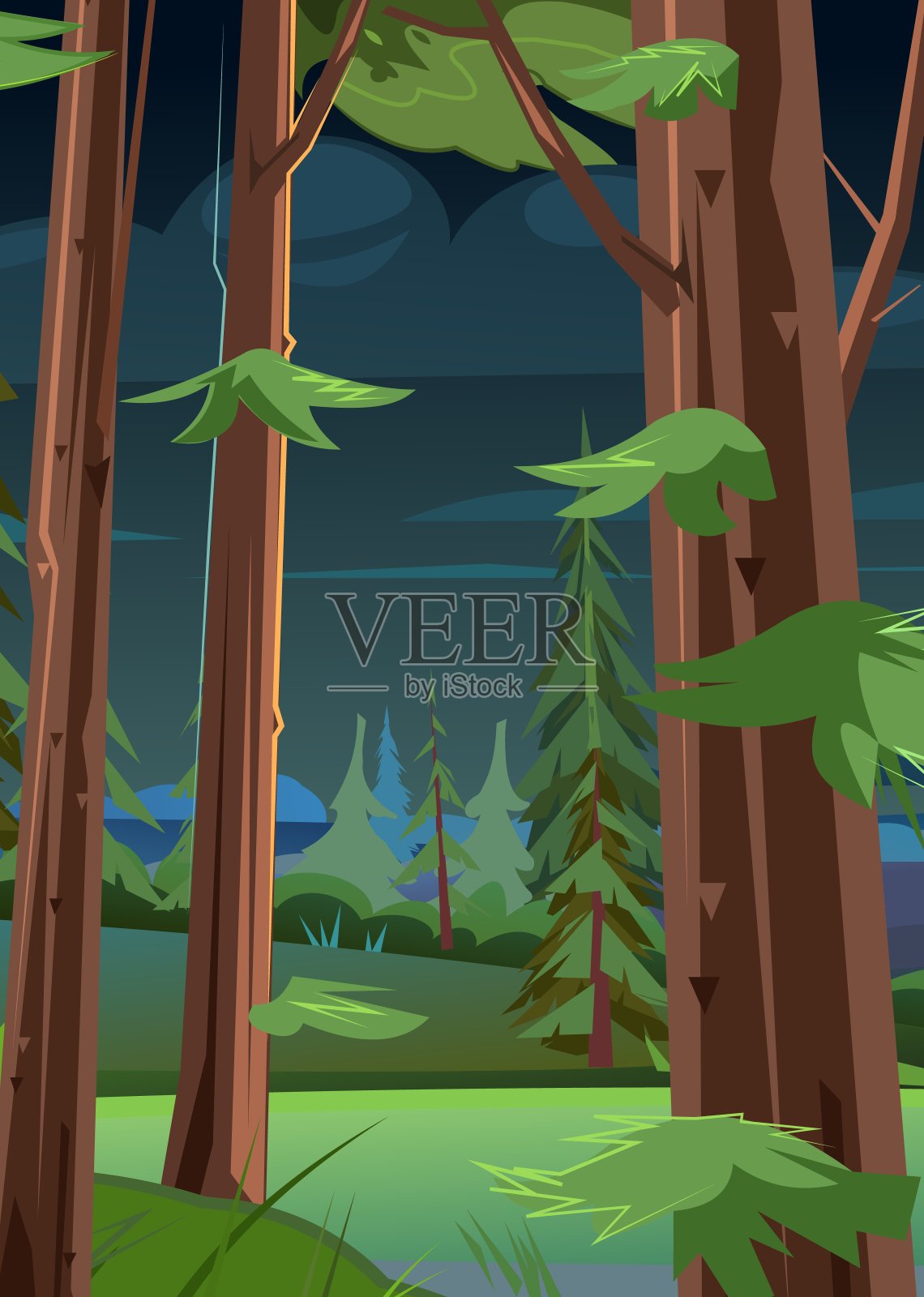 夜间景观有树木和冷杉树。明亮的空地。黄昏的针叶林。黑暗的夏天的场景。插图采用卡通风格的平面设计。向量插画图片素材