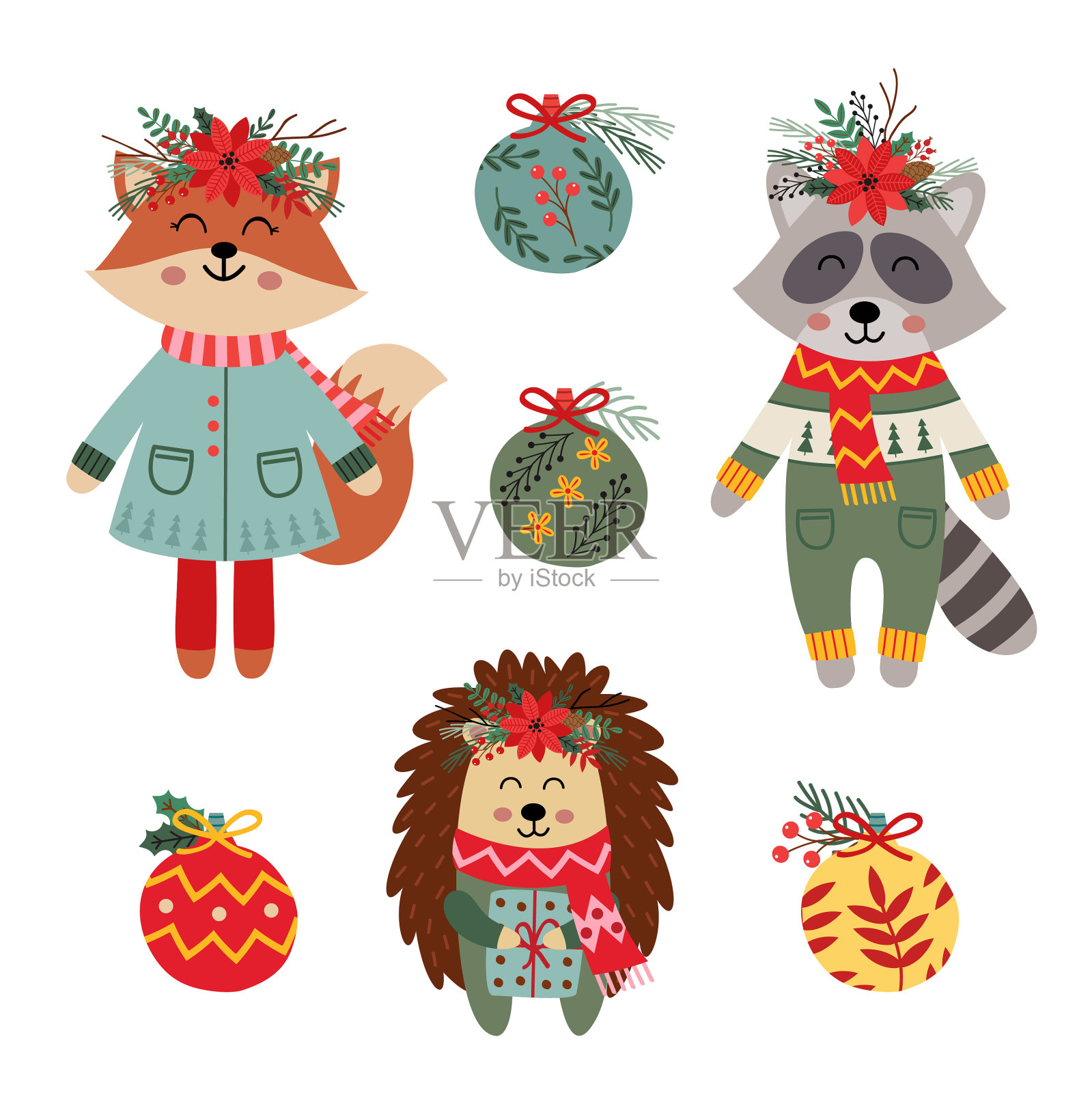 一套孤立的圣诞狐狸浣熊刺猬设计元素图片