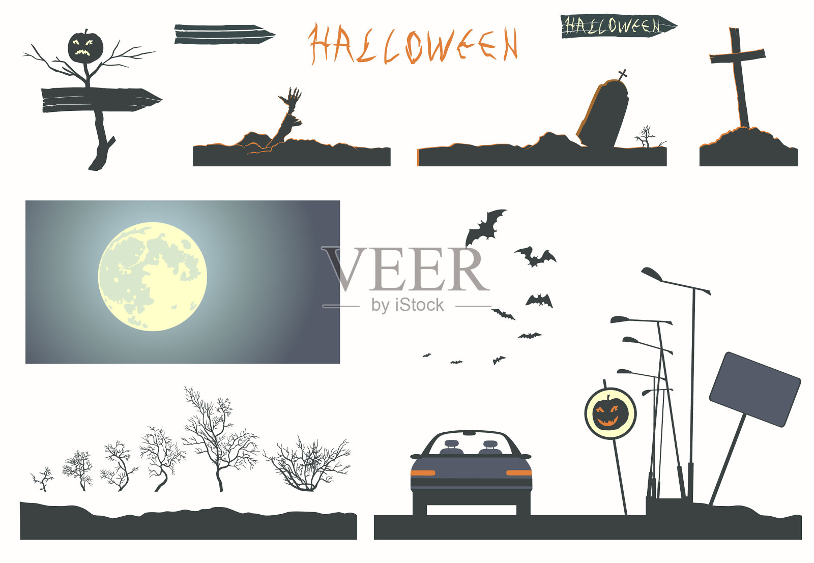 一套万圣节用具与万圣节插画图片素材