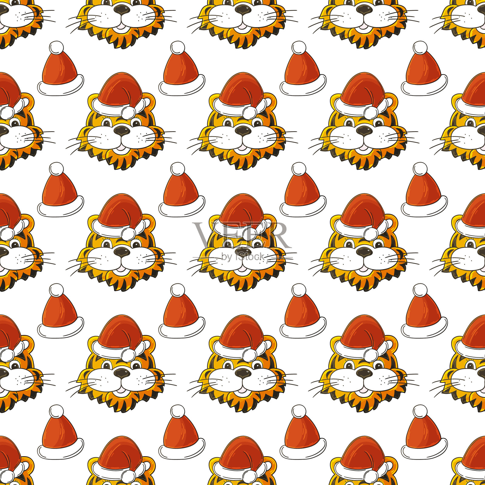 无缝模式与老虎头在圣诞节插画图片素材