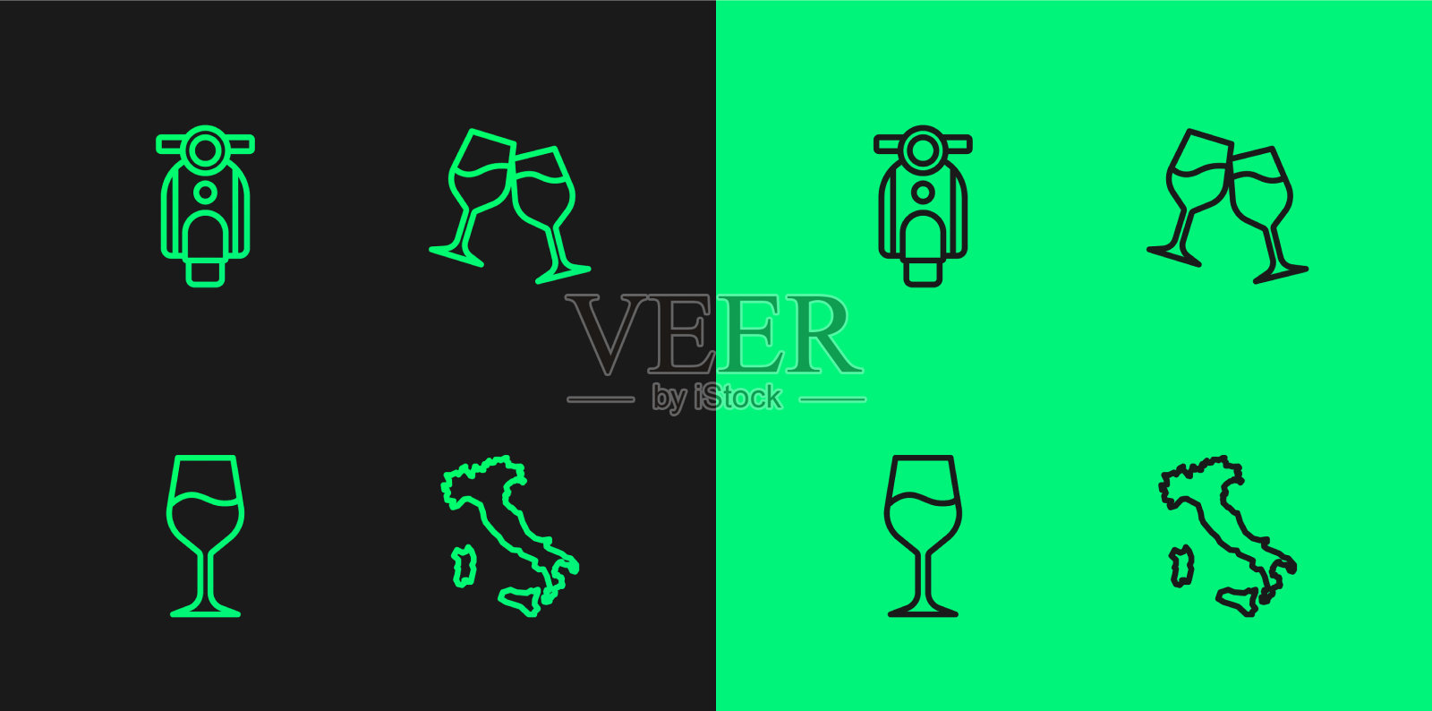 集线地图的意大利葡萄酒玻璃摩托车和图标素材