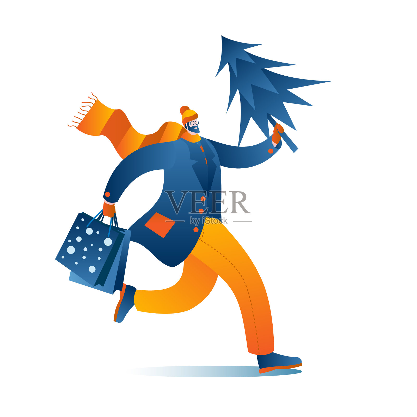 一个男人穿着暖和的冬衣，拿着礼物和圣诞树跑回家。插画图片素材