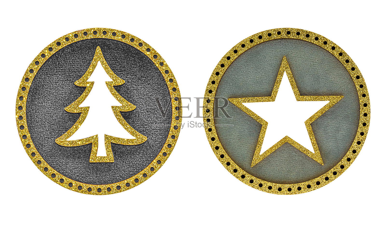 ound圣诞节装饰徽章与金光闪闪的元素孤立在白色背景照片摄影图片