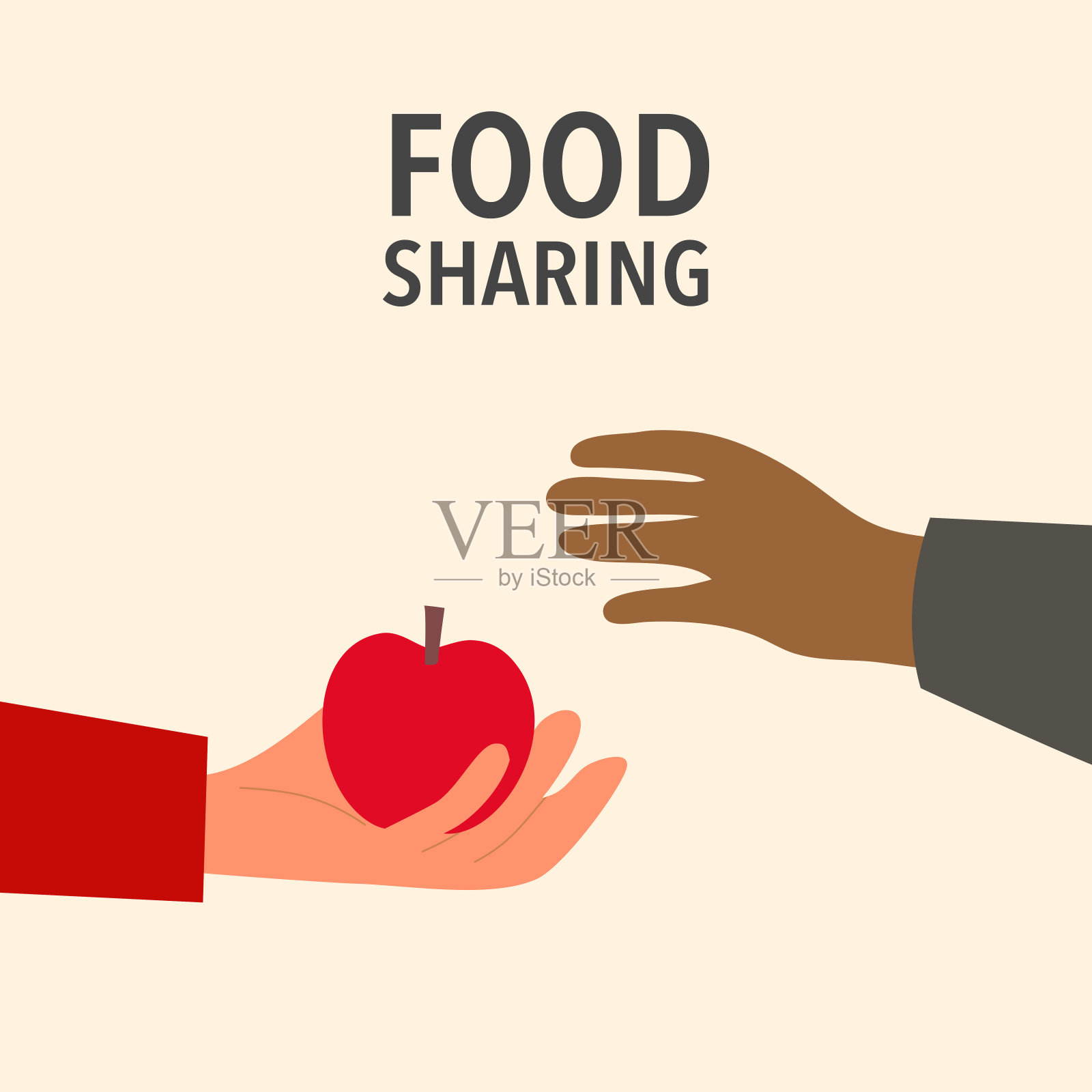 在扁平化设计中，食物与贫穷分享。食物捐赠的概念。对穷人的善良和慷慨。插画图片素材