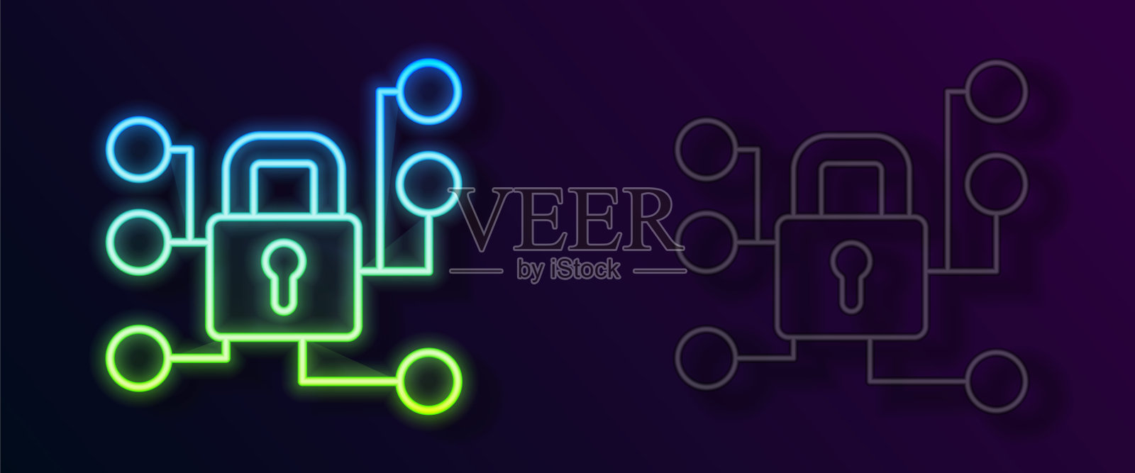 黑色背景上隔离的网络安全图标。数字电路板上的封闭式挂锁。安全的概念。数字数据保护。向量插画图片素材