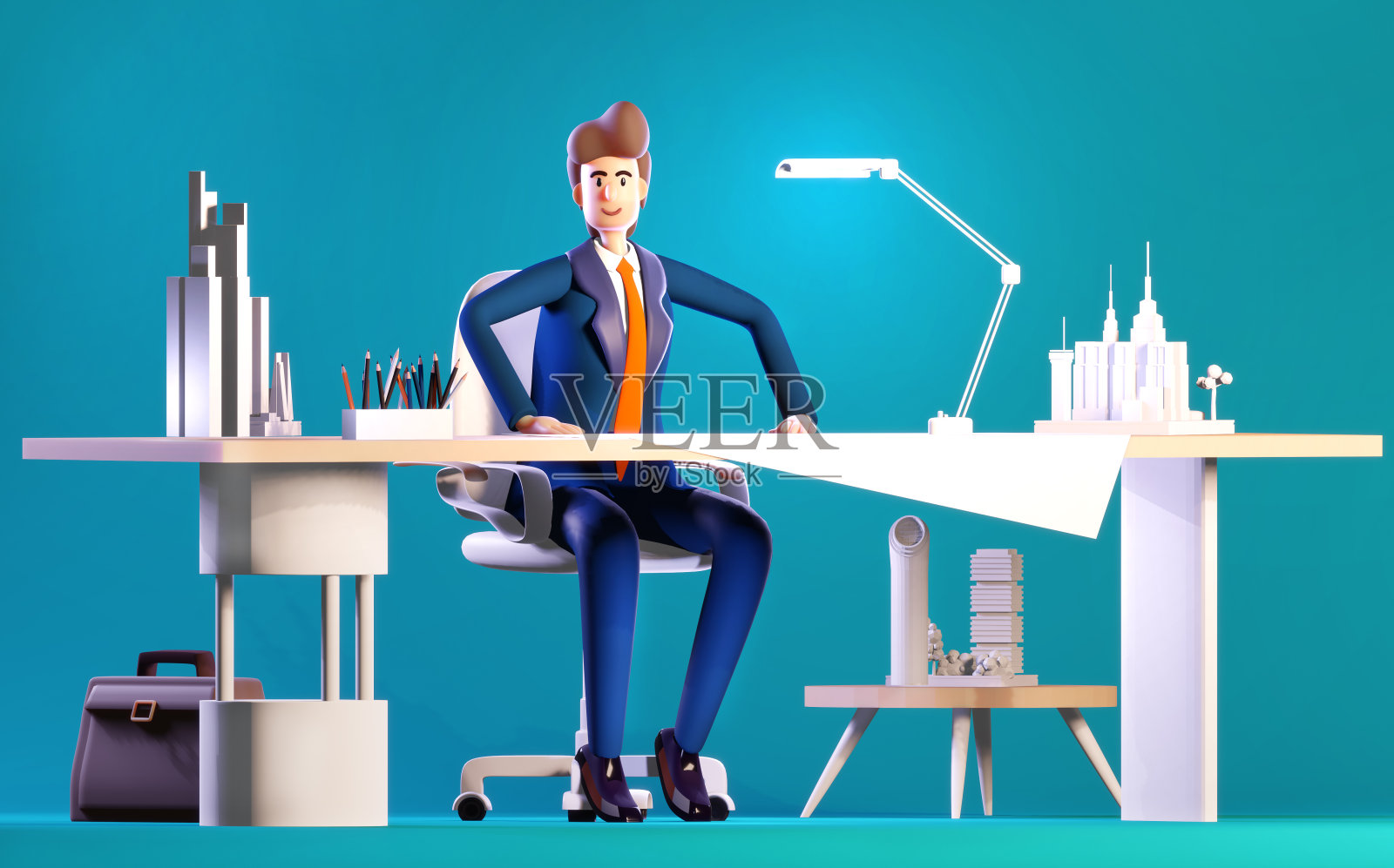 3 d渲染插图。成功的建筑师在桌旁工作。办公室工作环境。忙碌的商人工作与建筑模型，创造新的城市外观照片摄影图片