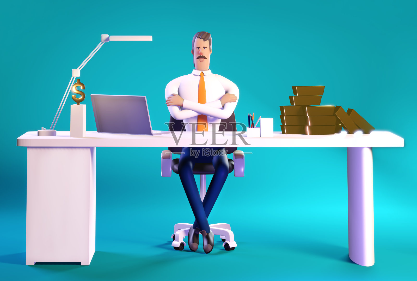 3 d渲染插图。成功的银行家在他的办公桌前工作。办公室工作环境。忙着和金砖打交道的商人，投资者，会计。照片摄影图片