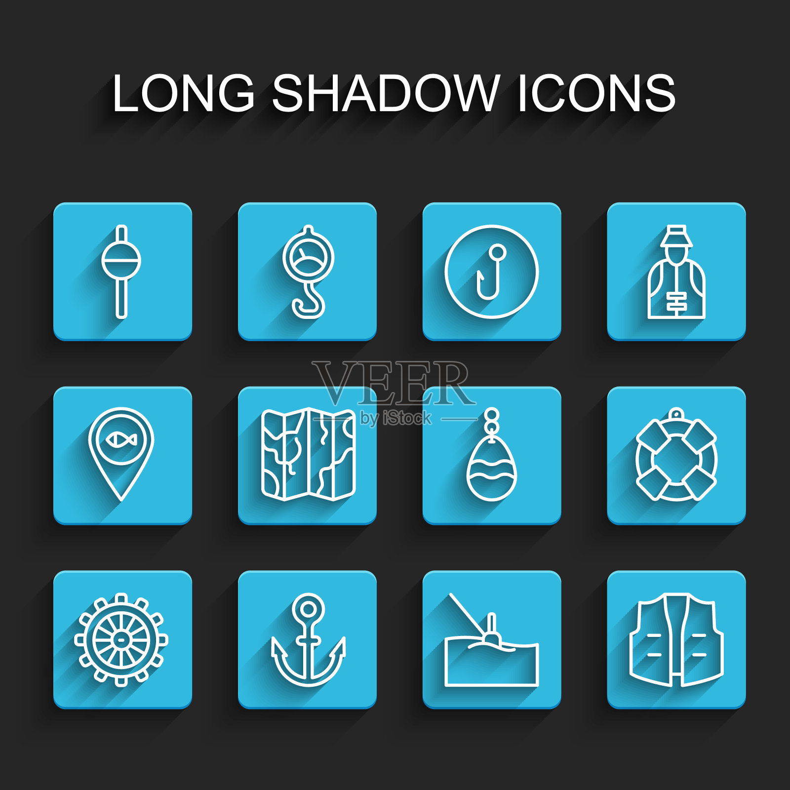 设线船的舵轮，锚，钓鱼浮子，水，外套，折叠地图，救生圈和勺子图标。向量图标素材