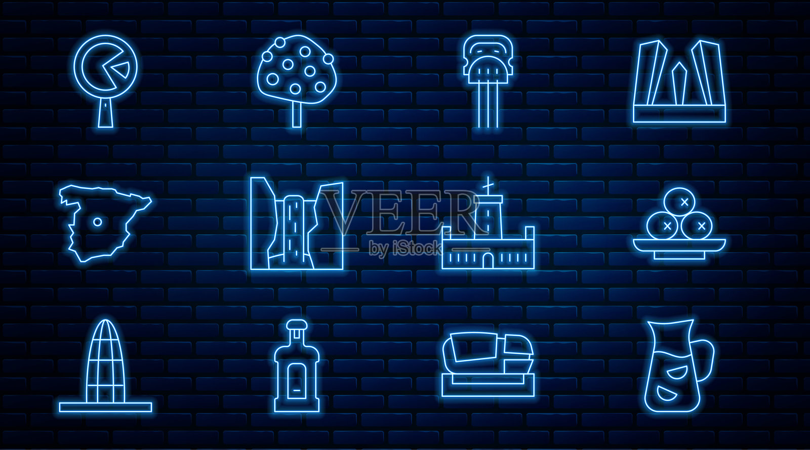 Set line Sangria，橄榄盘，Peineta, Algar瀑布，西班牙地图，煎蛋锅，Montjuic城堡和橙树图标。向量插画图片素材