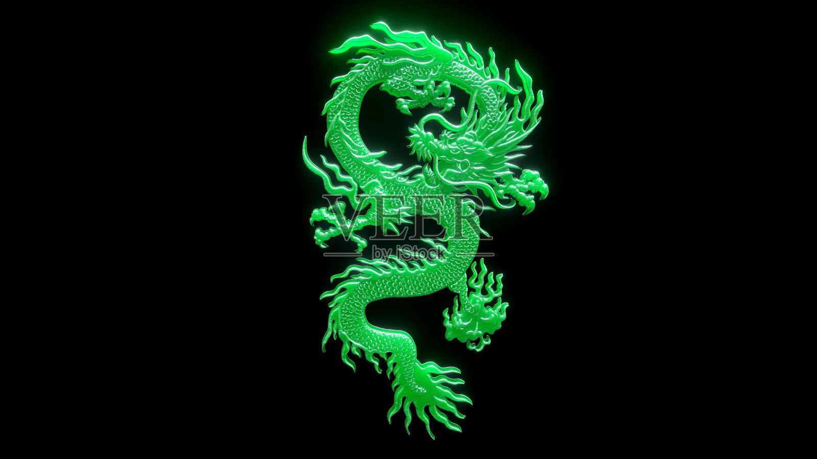 3D渲染：黑色背景上发光的玉制中国龙照片摄影图片