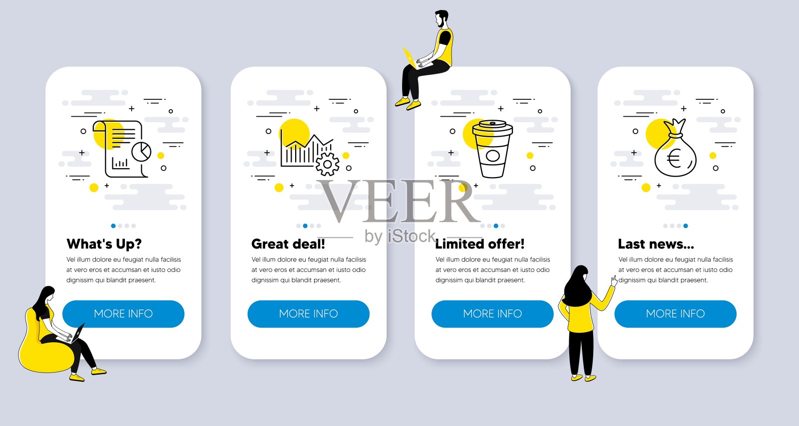 与报告、卓越运营和外卖咖啡相关的直线图标向量集。向量插画图片素材