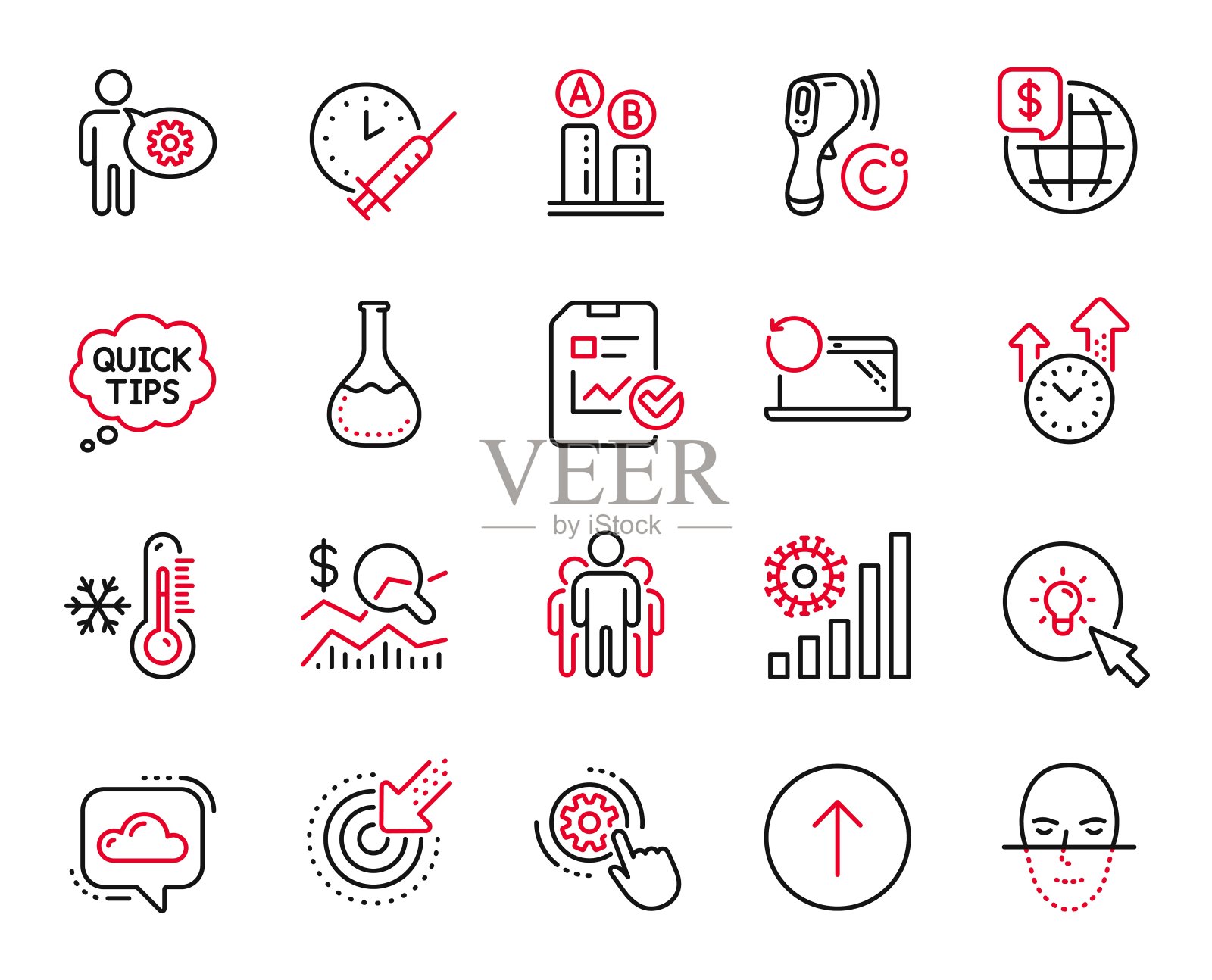 有关Ab测试，组和电子温度计的科学图标向量集。向量图标素材