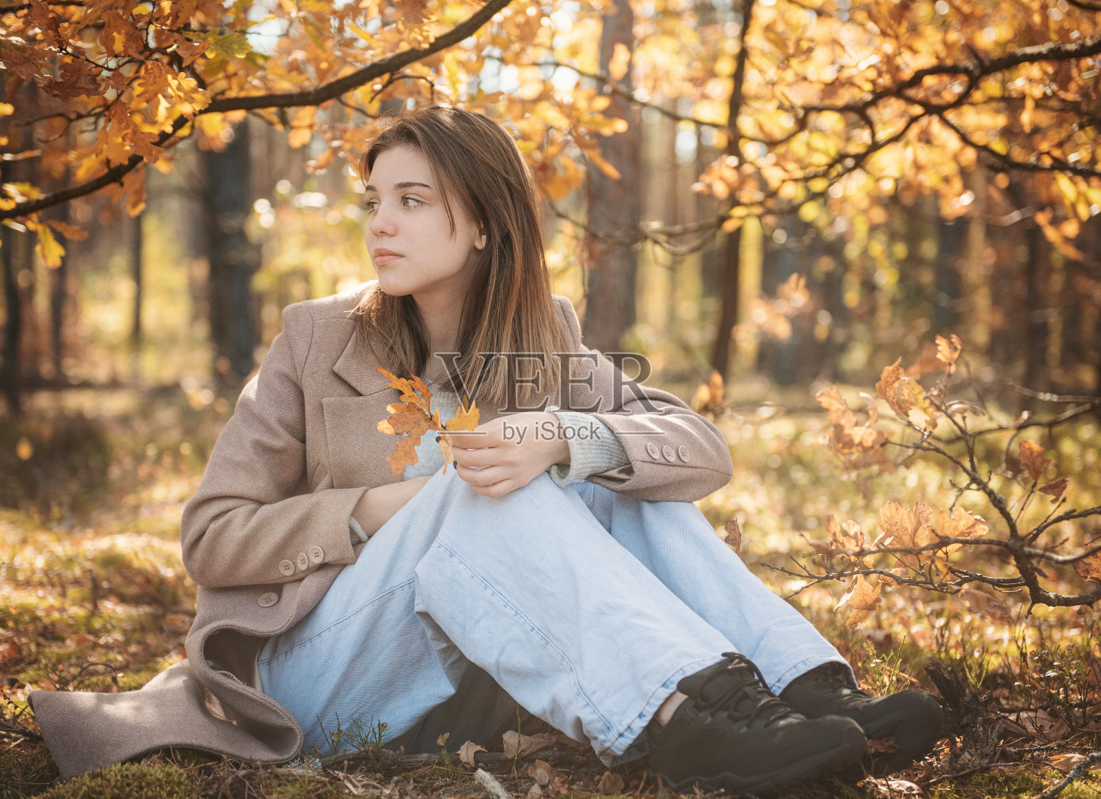 秋日森林里的年轻少女照片摄影图片