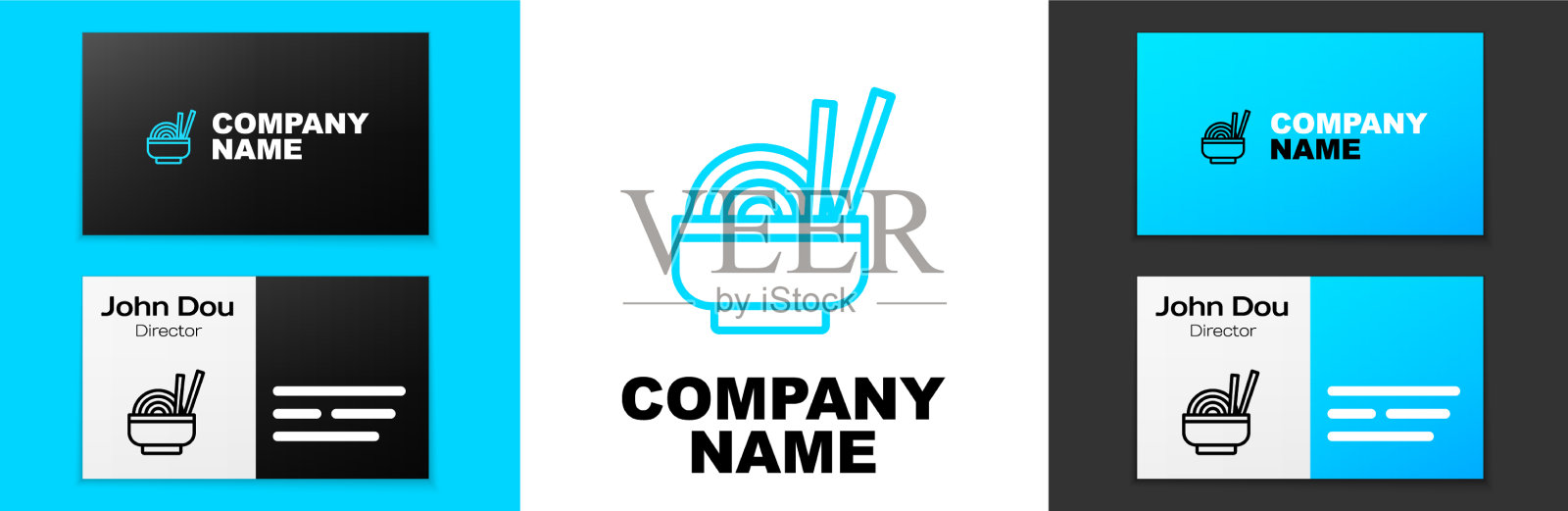 蓝线亚洲面条在碗和筷子插画图片素材