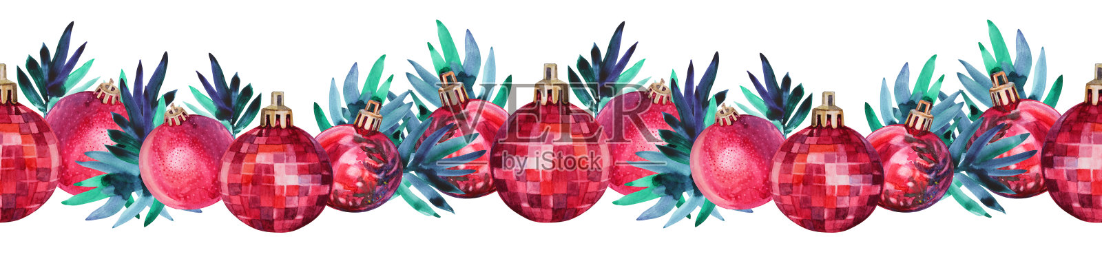 无缝边界水彩手绘红色闪亮装饰球和圣诞树树枝孤立在白色背景。新年、派对、庆祝、墙纸、包装的创意艺术插画图片素材