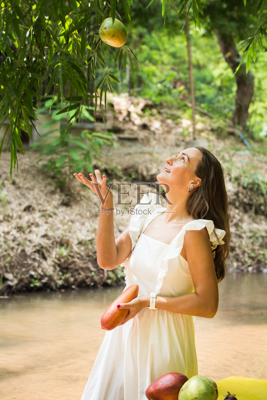树下有芒果的女人，素食的概念照片摄影图片