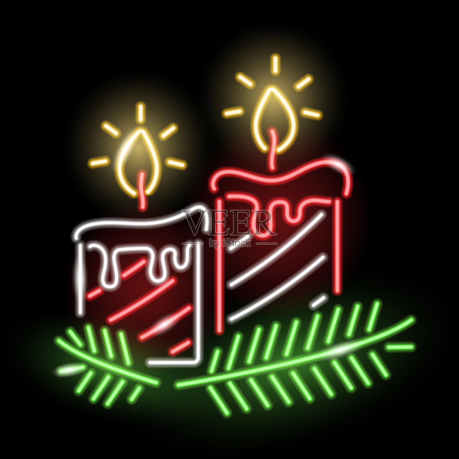 霓虹灯圣诞蜡烛与松枝图标孤立在黑色背景。圣诞节，舒适的家，斯堪的纳维亚，传统的概念。向量10 EPS插图。插画图片素材