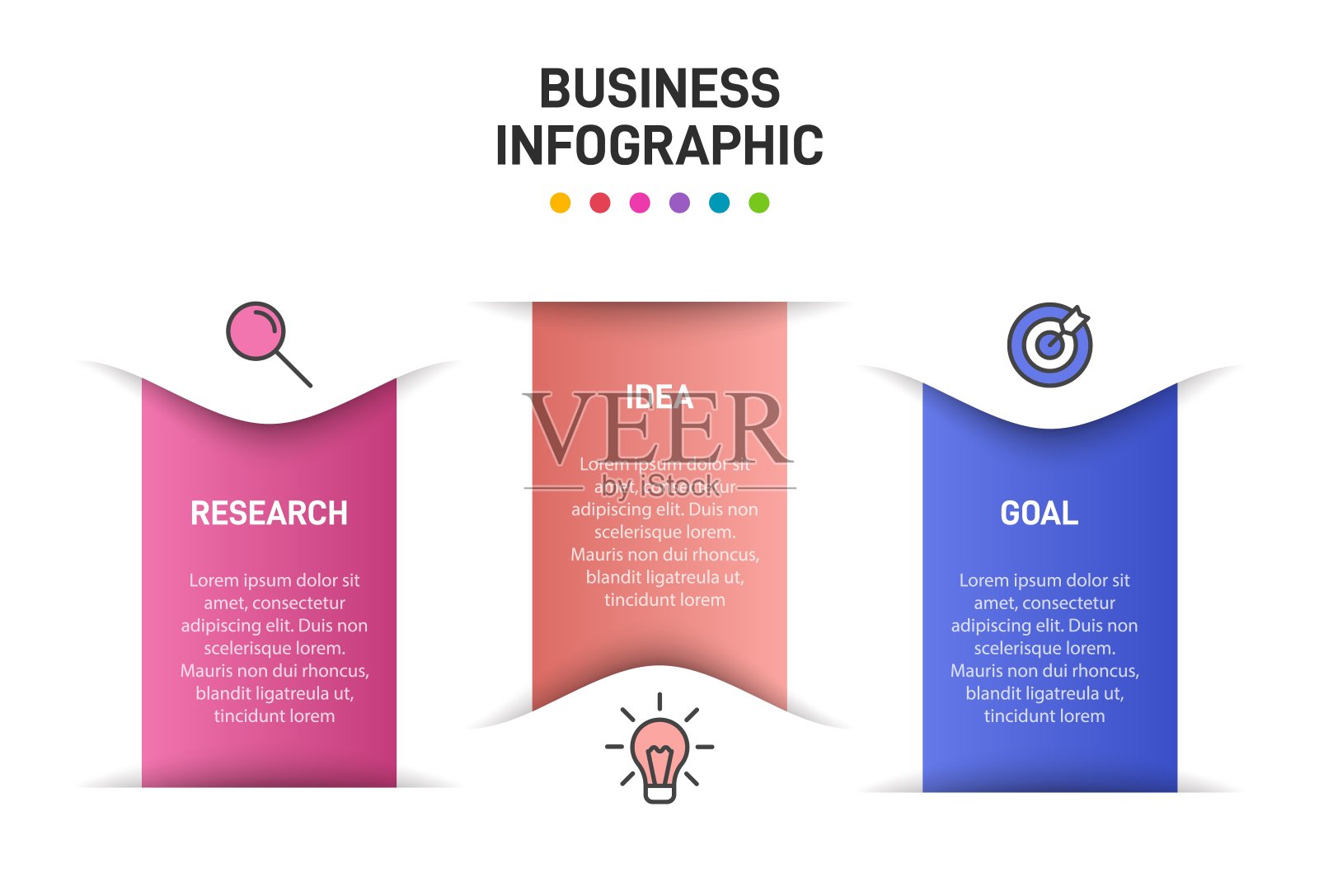 箭头商业模式的概念，有三个连续步骤。三种彩色图形元素。宣传册、简报的时间线设计。信息图表设计布局。插画图片素材