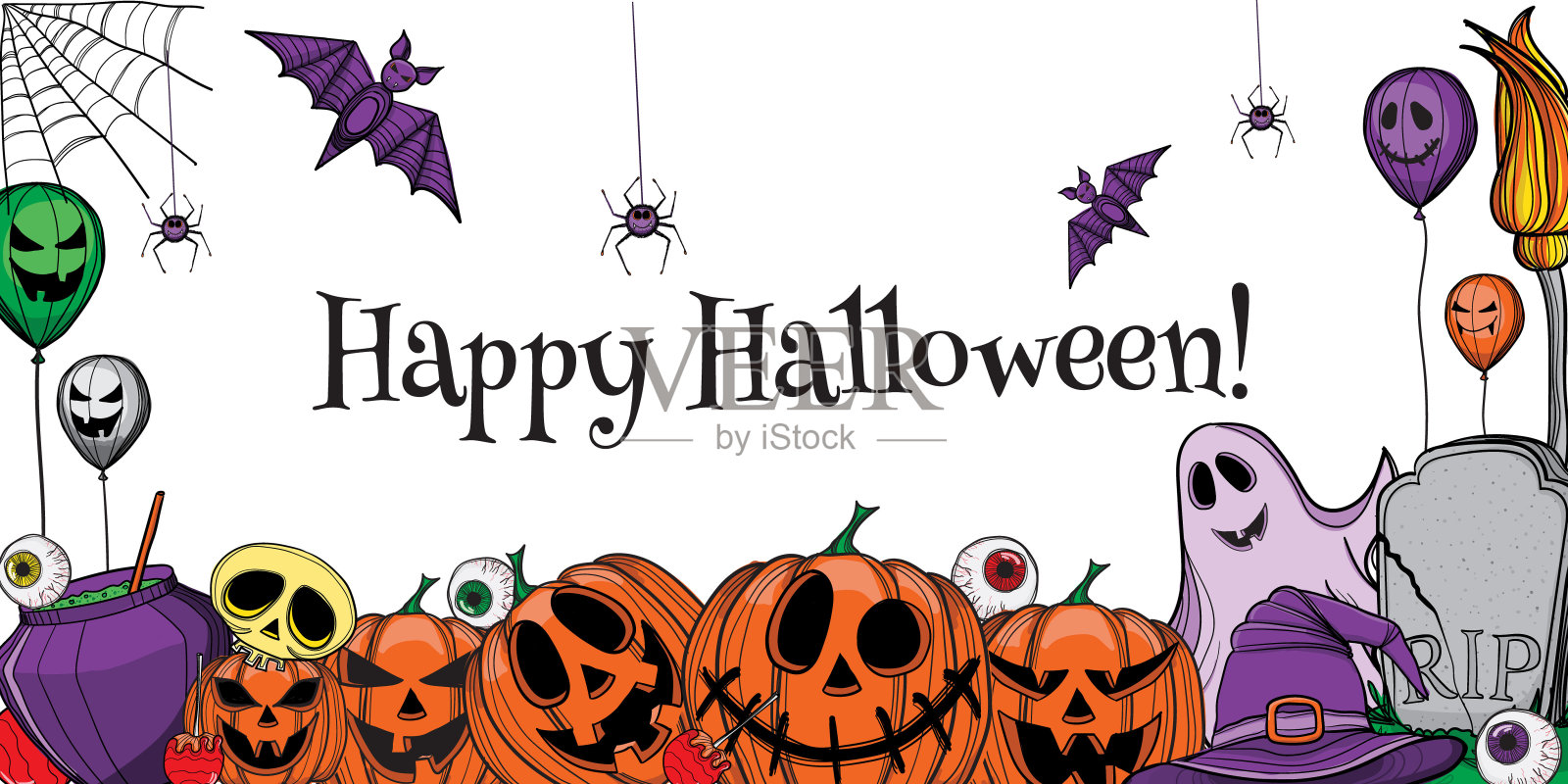 手绘万圣节元素隔离在白色背景设计模板素材