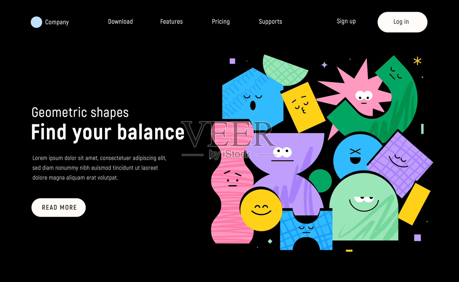 在黑色背景上带有字符几何数字的矢量着陆页。可爱的卡通人物，色彩斑斓的各种人物纹理。海报设计模板插画图片素材