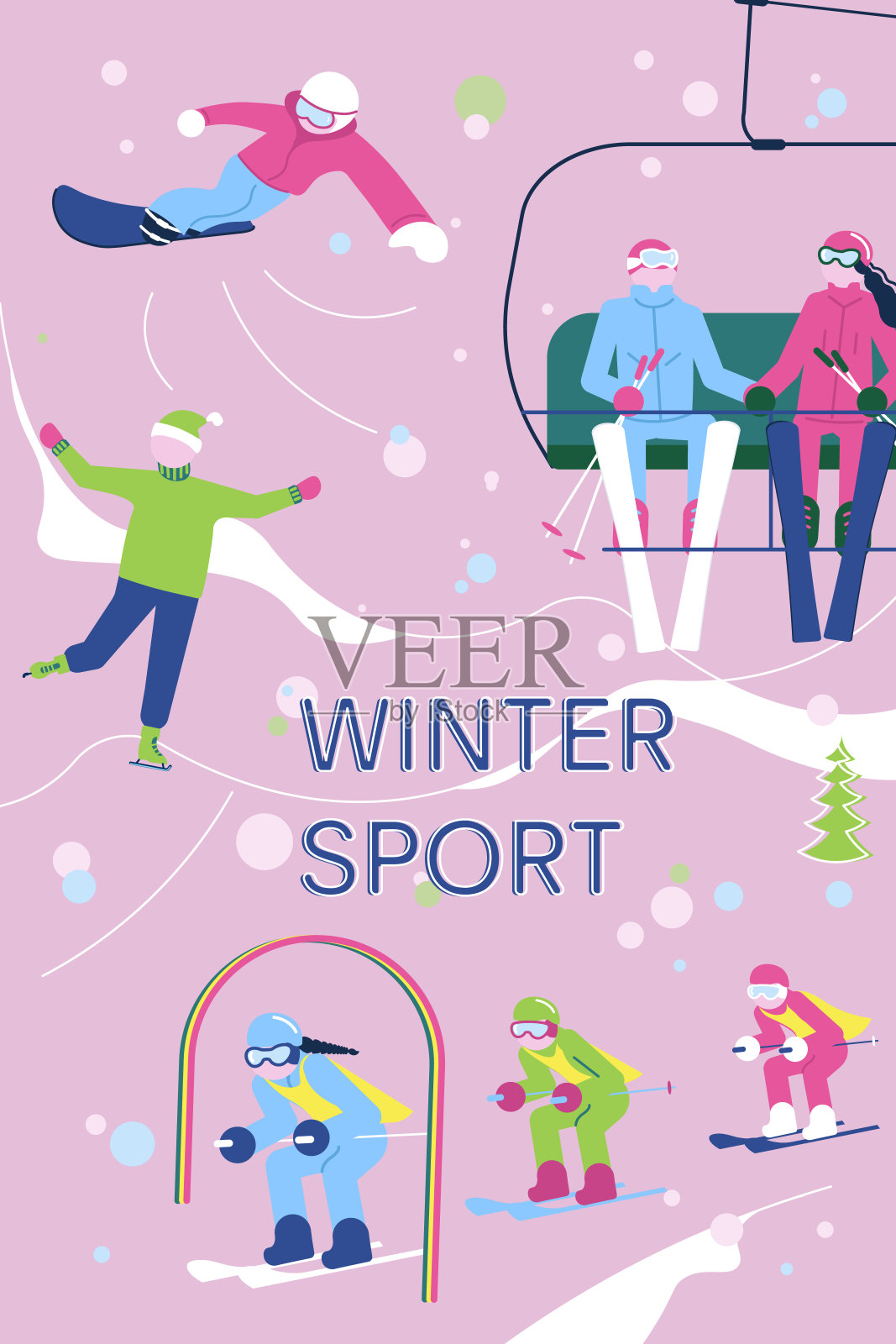 冬季运动旗帜与滑雪者，雪域和雪上运动乐趣。插画图片素材