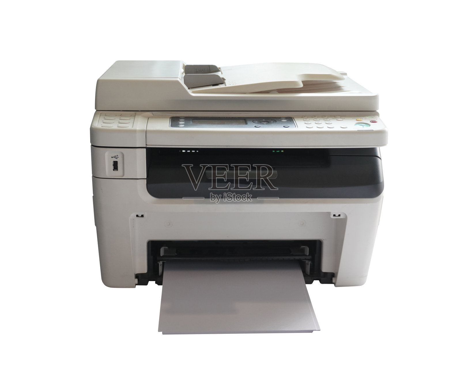 前视图漂亮的白色和灰色打印机和纸的白色背景，技术，对象，复制空间照片摄影图片