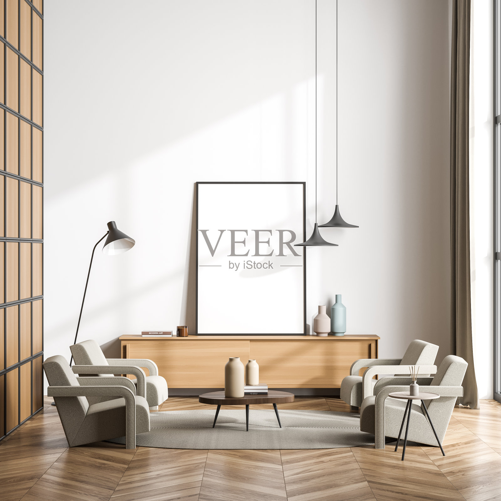 谈话座位与空的站立客厅画布旁边的白墙照片摄影图片