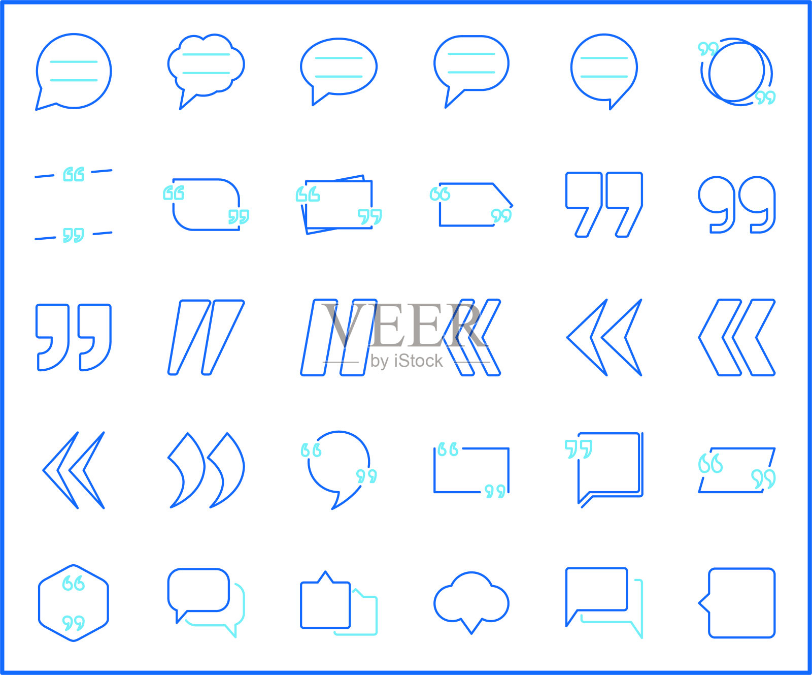 一组引号和演讲气泡图标的线条风格。图标素材