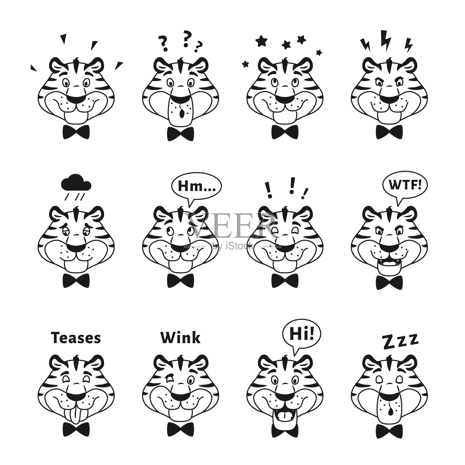 黑白轮廓滑稽的老虎头套面部表情。白色背景上的快乐条纹野猫表情。孩子着色页面。动物脸素描与情感线矢量插图。插画图片素材