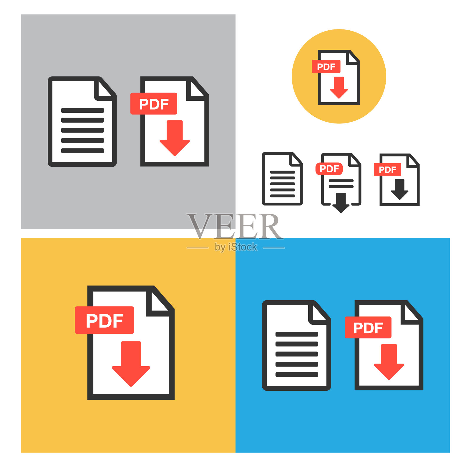 PDF文件下载图标。文档文本，符号网络。文档图标集插画图片素材