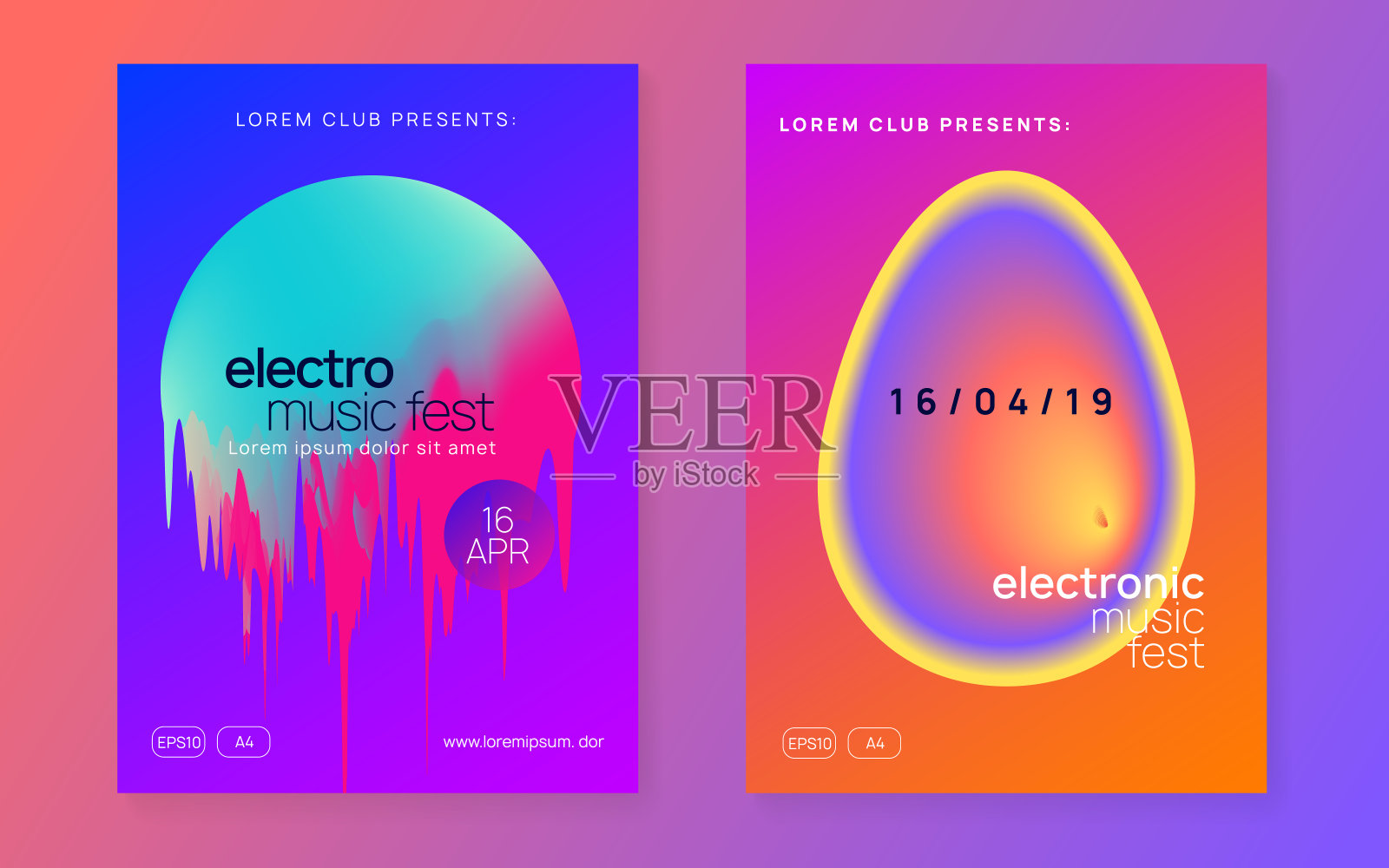 俱乐部集会。电子与夜生活形态。有趣的艺术设置。波电子海报。杂志矢量的动态模式。蓝色和紫色俱乐部插画图片素材