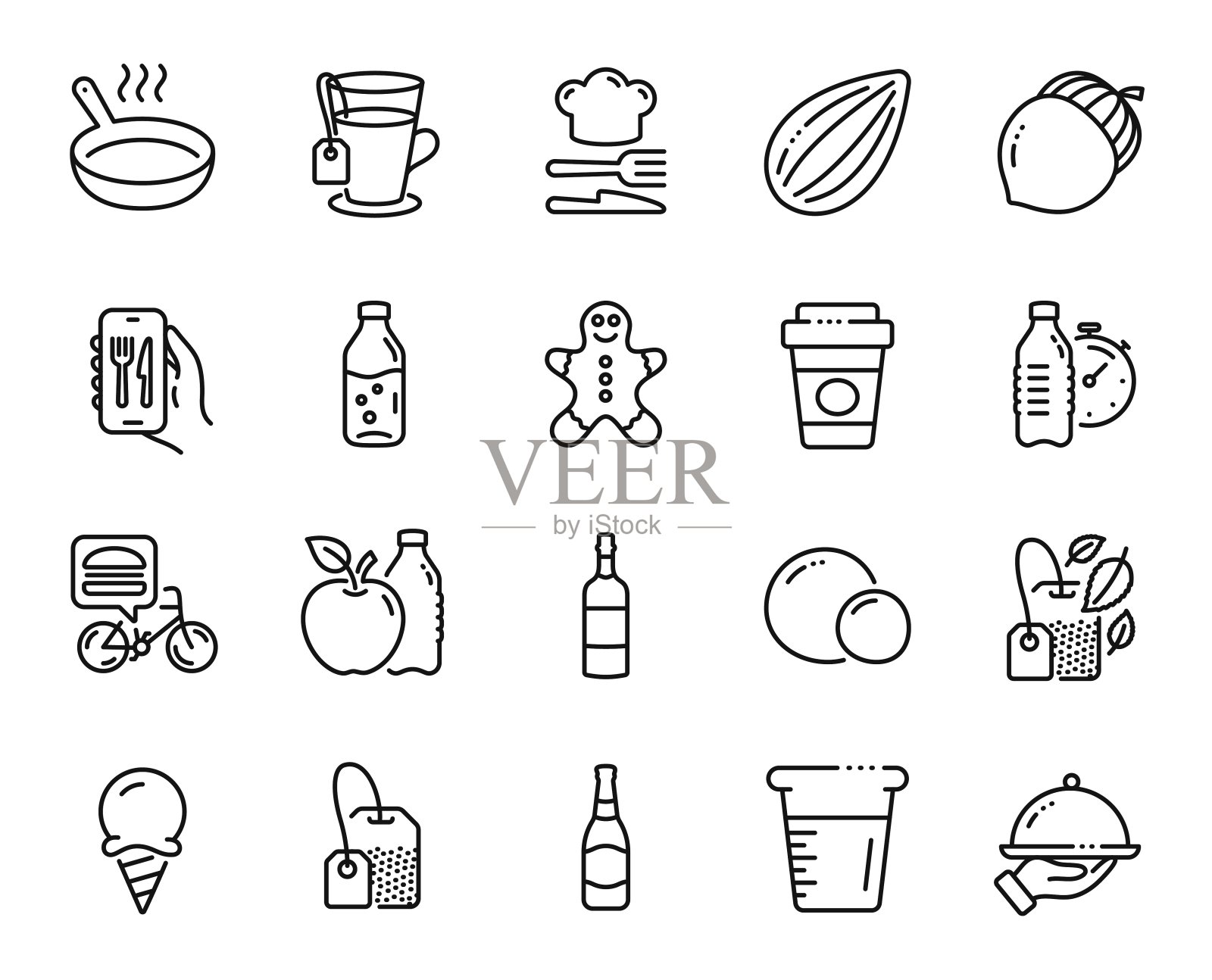 向量集健身水，茶和苹果线图标集。向量图标素材