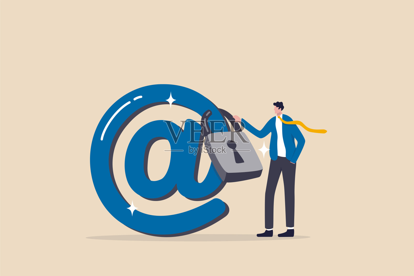 电子邮件安全保护，安全系统防御网络攻击，垃圾邮件或数据泄露，数据加密技术概念，信心商人站在强有力的挂锁安全电子邮件符号。插画图片素材