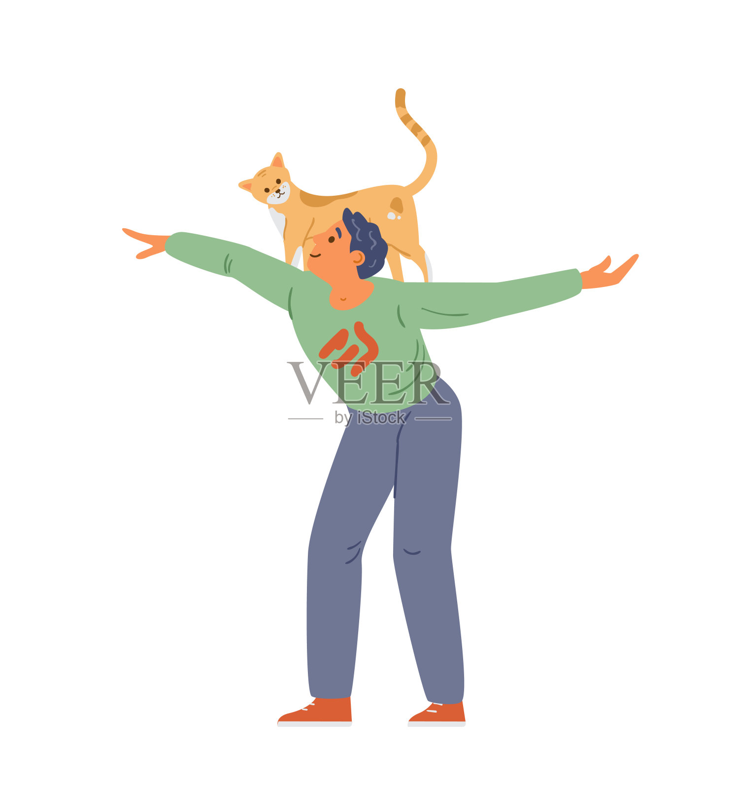 与猫玩耍的年轻人插画图片素材