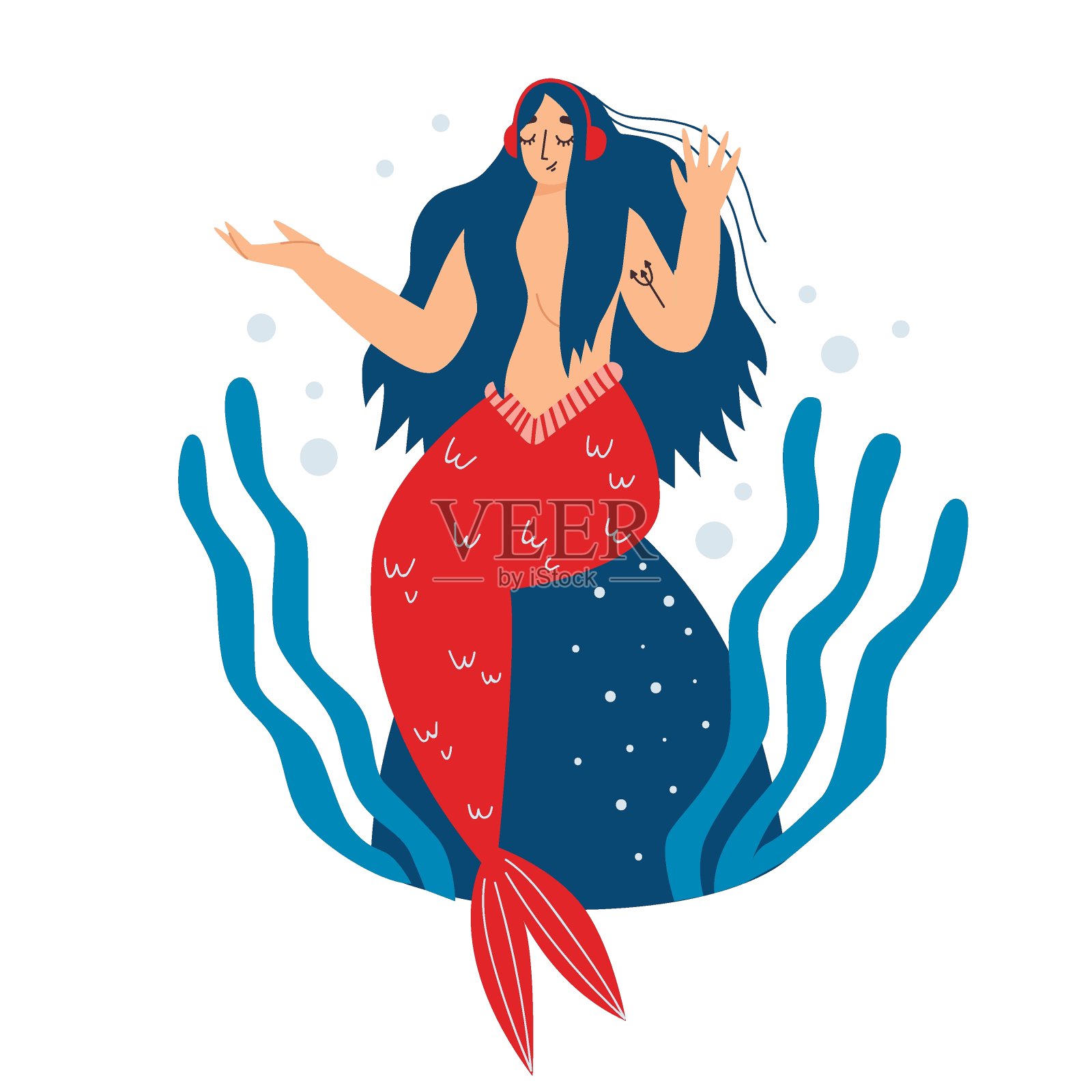 可爱的美人鱼戴着耳机听音乐。平面向量插图。插画图片素材