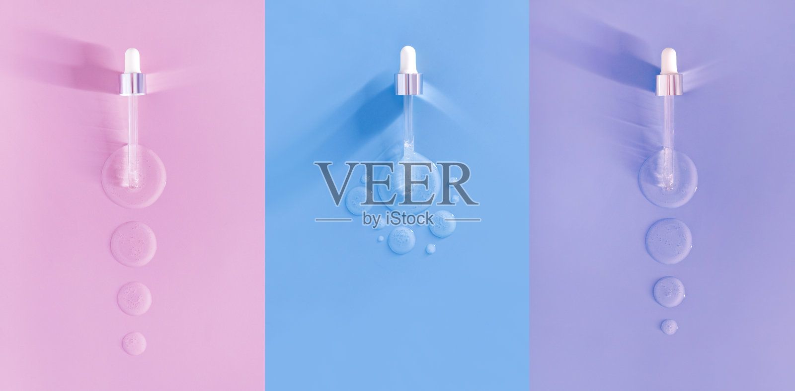 血清滴吸管横幅在柔和的背景，几何，柔和的粉红色蓝色照片摄影图片