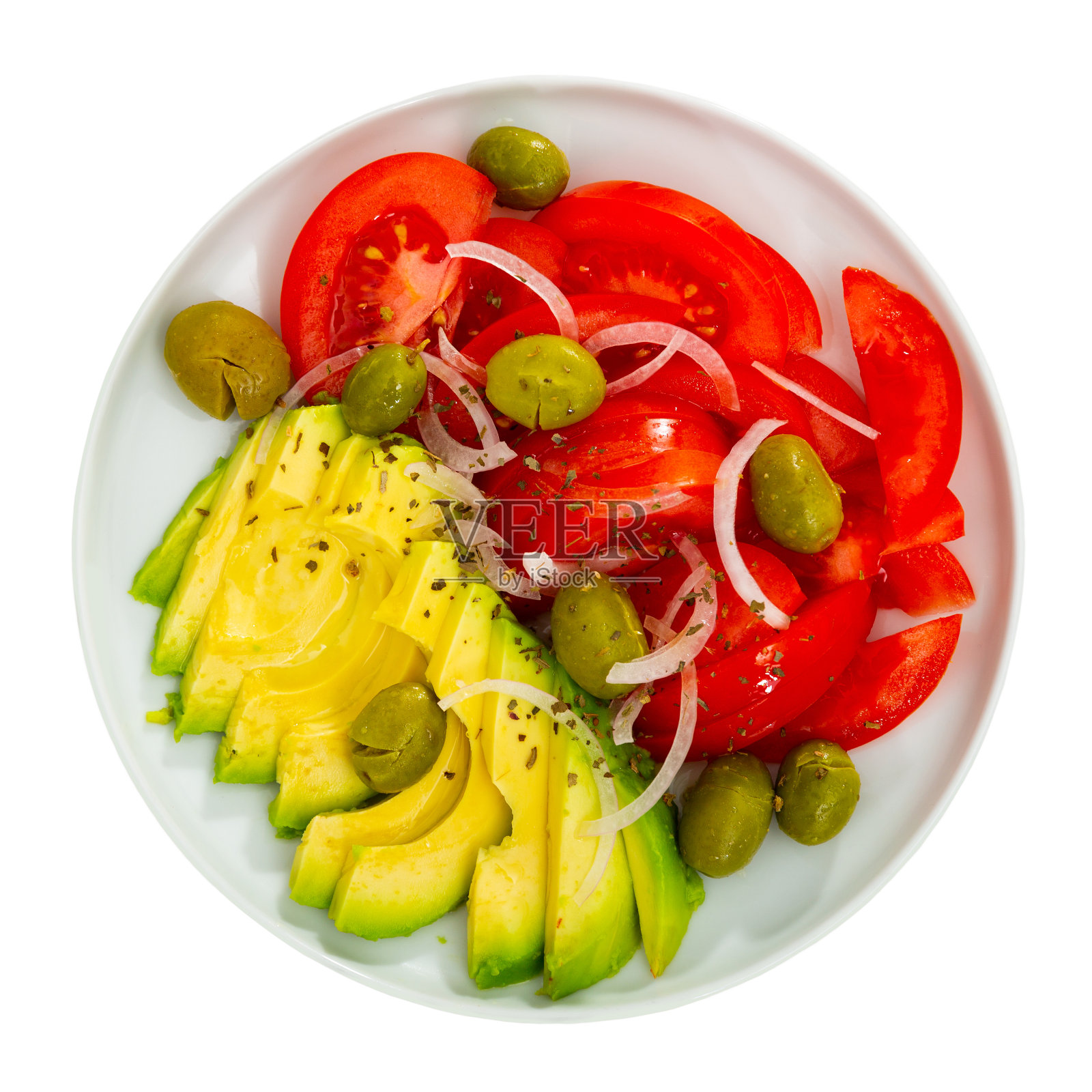 新鲜番茄，橄榄，牛油果，洋葱，沙拉照片摄影图片