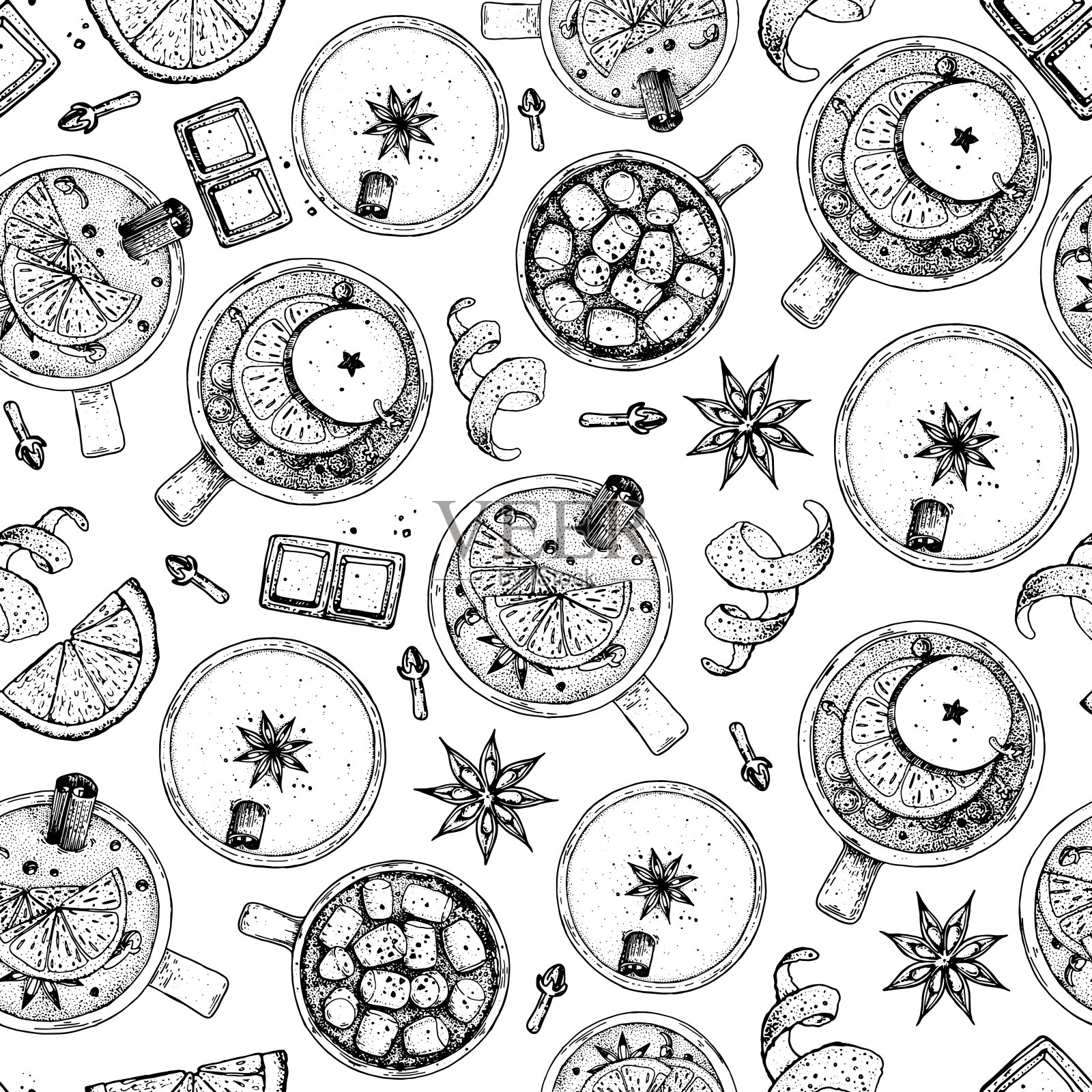 热饮料。素描无缝模式。热酒，冬天的热饮。手绘草图。矢量插图。圣诞邀请函设计模板。圣诞菜单栏。热红酒、咖啡和茶。插画图片素材