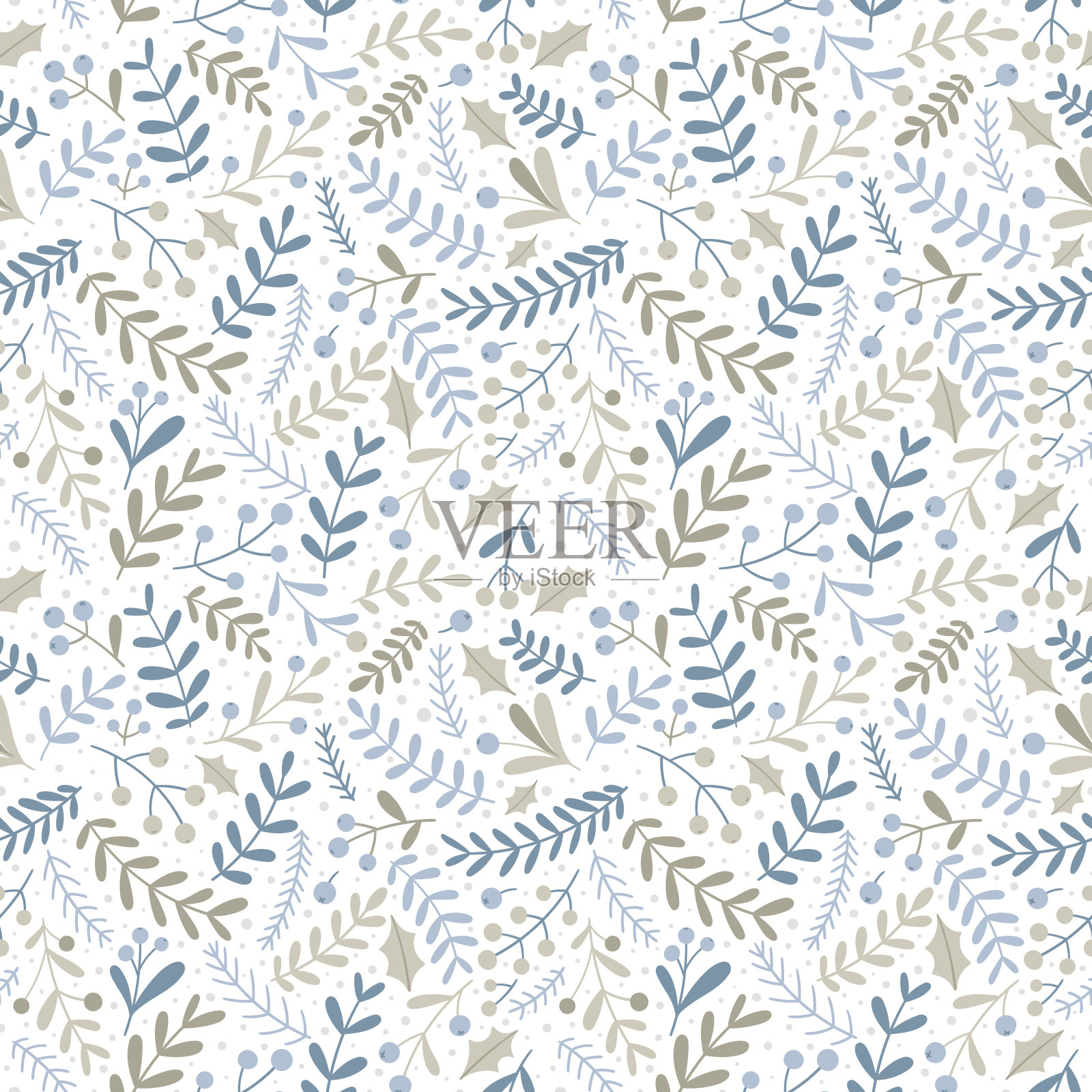 圣诞无缝花卉图案与浆果和树枝。平面风格，手绘蜡笔调色板。插画图片素材