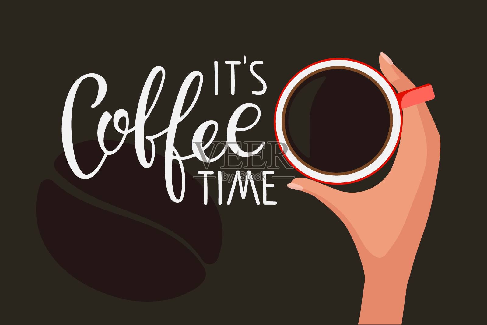 这是咖啡时间的文本与咖啡杯和手在深棕色。手握一杯热饮。现代矢量书法刻字。为咖啡店，餐厅，咖啡馆的横幅或海报的模板插画图片素材