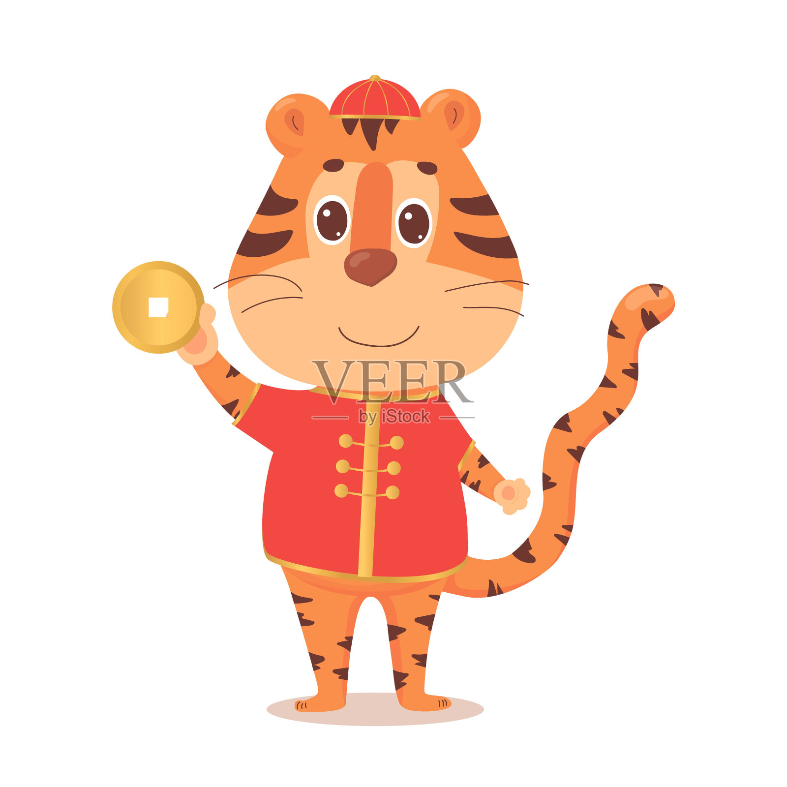 2022年中国春节贺卡，上面有可爱的老虎穿着传统服装和金币。向量插画图片素材